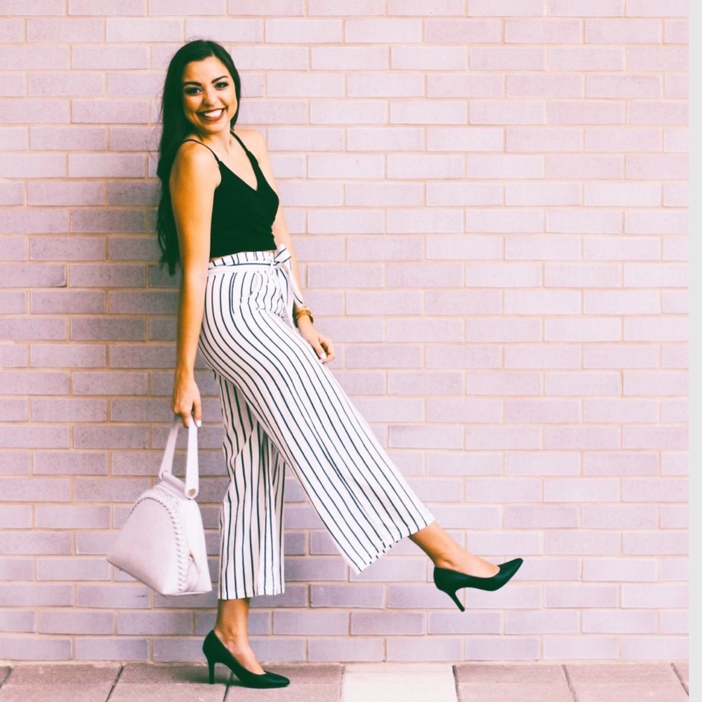 Striped wide leg pants white black tie belt - Picture 2 of 4